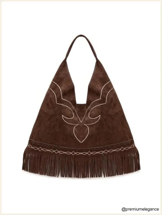 Faux Leather Fringe Hobo Bag with Embroidery Large Shoulder Purse