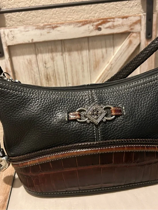 Brighton Vintage Black Pebbled Leather & Brown Croc Hobo Shoulder Bag Purse