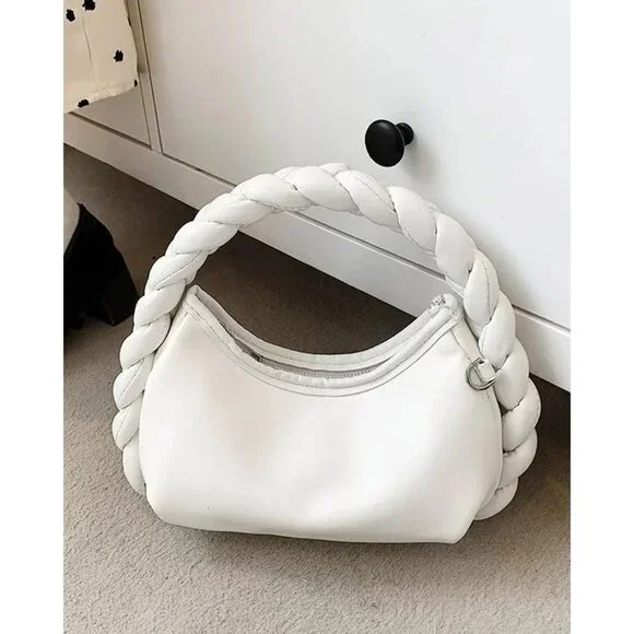 New Braided Handle Vegan‎ Leather Hobo Bag in White