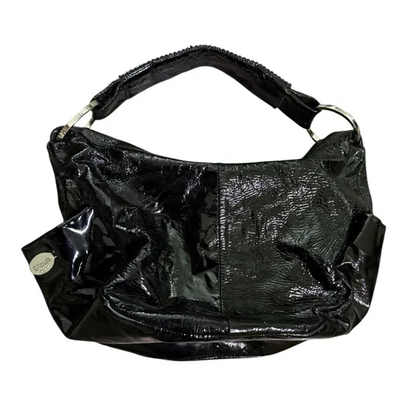 DXtouch Black Patent Leather Shoulder Bag Rhinestone Strap Y2K Glam Hobo Bag