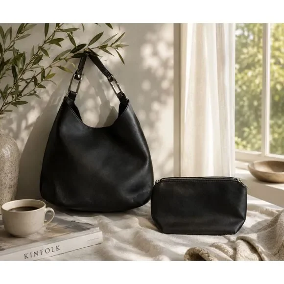 Set of Black Leather Boho Hobo Bag & Makeup Pouch Bundle | Minimalist Shoulder