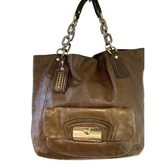 Y2K Coach Tote Bag Purse Brown Leather Kristin Gold Buckle Chain XL Hobo Bag