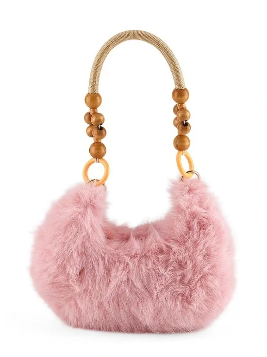 Pink  Faux Fur Bag with Wooden Bead Handle  NWT