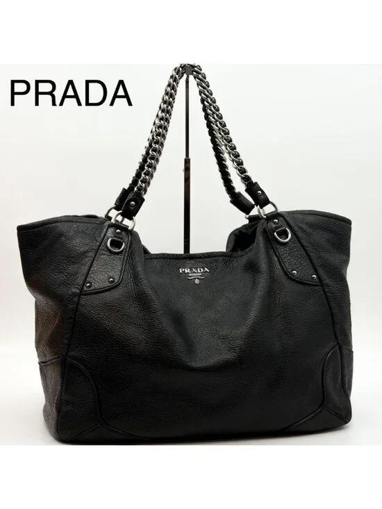 Prada Vitello Daino Leather Chain Hobo Handbag Triangle