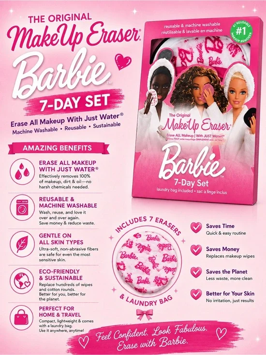MakeUp Eraser Barbie 7 Day Set Reusable Makeup Remover Cloths New