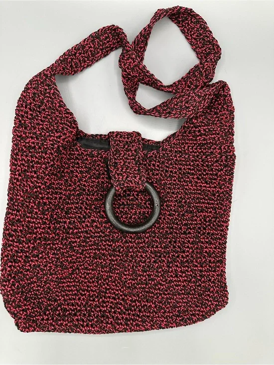Y2K Fairycore Crochet Shoulder Pink/Red Black Woven Slouchy Purse Wooden Ring