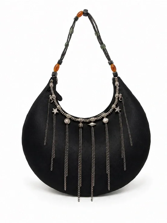 Y2K SAVANNA Small Black Beaded Shoulder Bag Boho Chain Tassel Purse