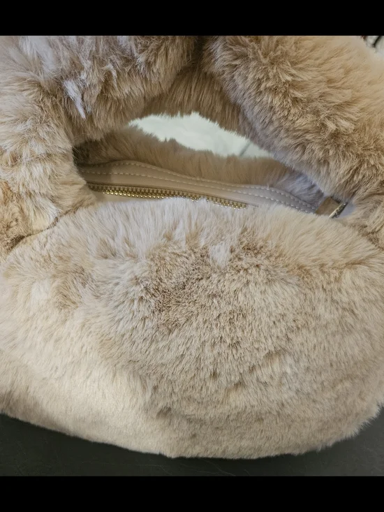ANTHROPOLOGIE Light Neutral Beige Plush Faux Fur Hobo Satchel Bag NWT