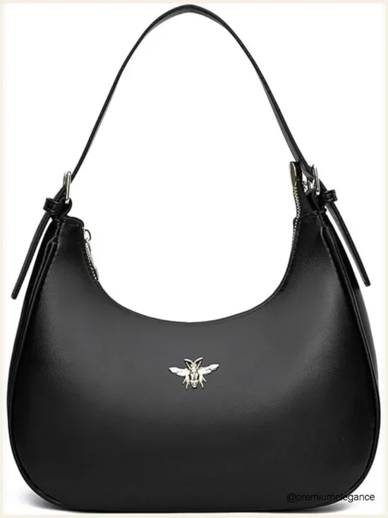Vegan Leather Crescent Shoulder Hobo Bag with Bee Decoration