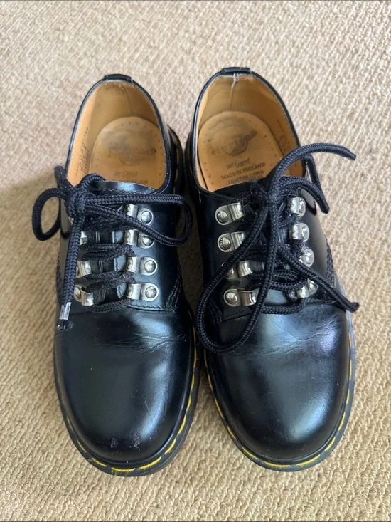 Dr. Martens Black Leather Derby Shoes with Yellow Stitching