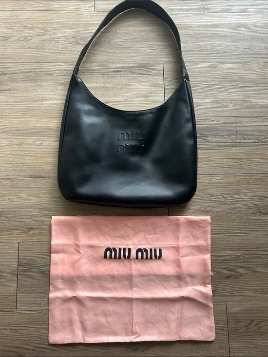 Miu Miu Black Leather Hobo Bag with Embossed Logo