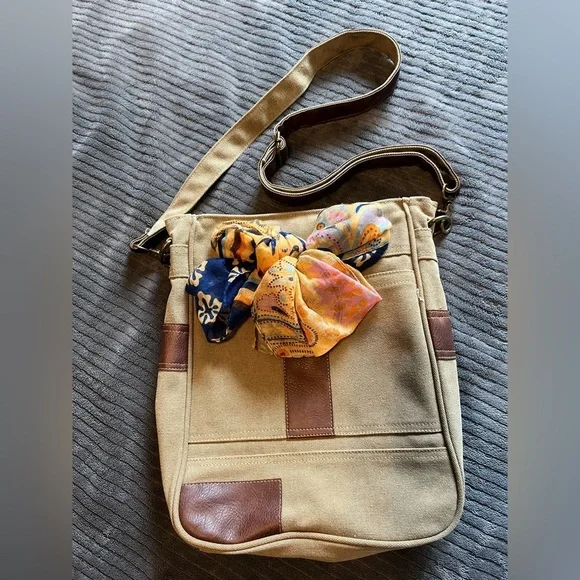 Canvas Hobo Crossbody Bag with Leather Accents - Beige