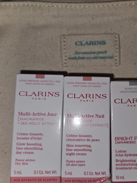 Clarins White and Pink Multi-Active Day & Night Cream Set Lotion and bag