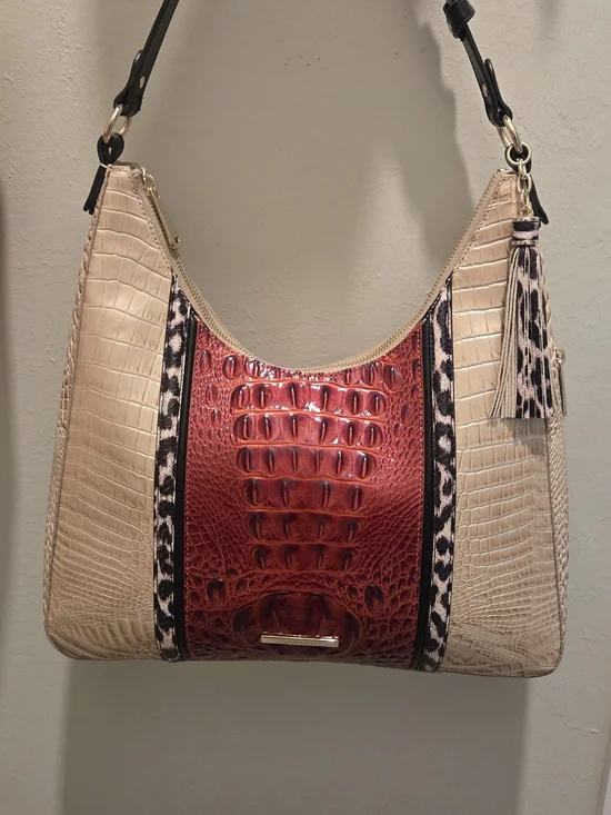 Beige and Red Croc-Accent Hobo Bag