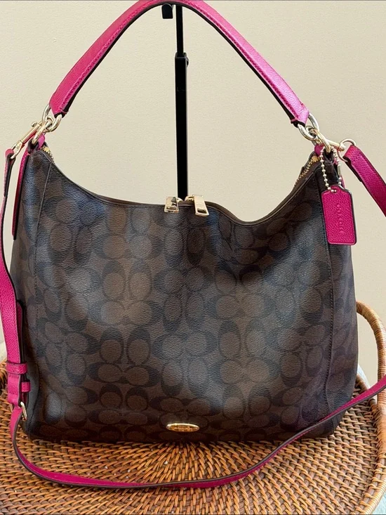 Coach Celeste Convertible Brown Signature Hobo with Fuchsia Leather Accents