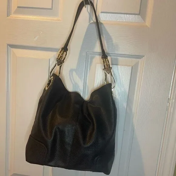 Dasein synthetic leather Black hobo shoulder bag with Bold gold tone hardwares