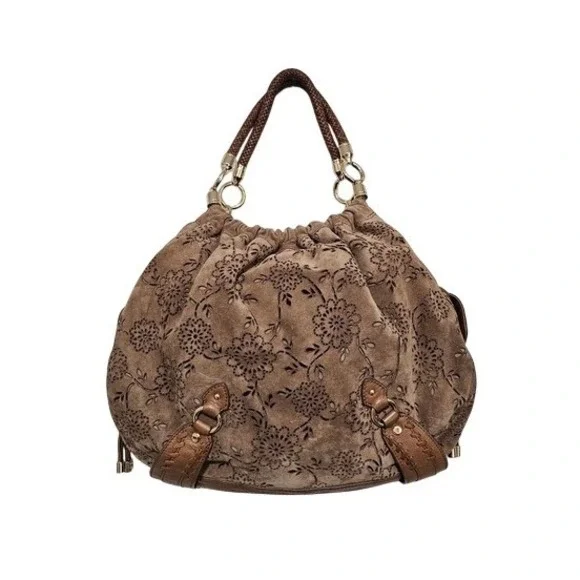 Cole Haan Brown Floral Embossed Suede Hobo Bag