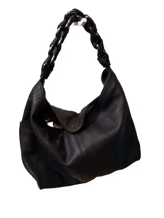 Vince Camuto Kimi Black Pebbled Leather Hobo Bag with Braided Chain Handle