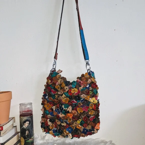 H2Z Recycled Leather Floral Studded Hobo Bag