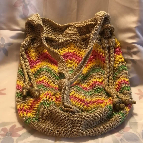 Braciano Boho Crochet/Woven Rainbow Striped  Braided Hippie Bag 16x13”-12” drop