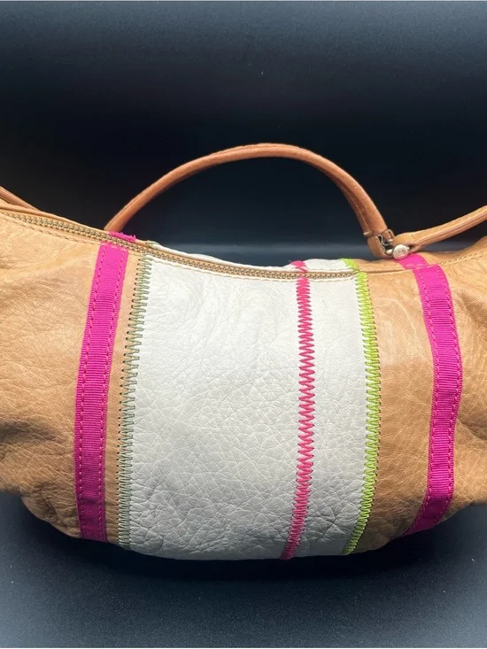 Liz Claiborne Tan Leather Hobo with White Panel and Pink Trim