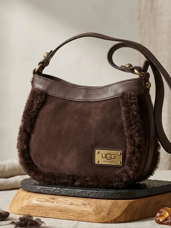 LMT: UGG Australia Suede Leather Shearling Classic Bailey Handbag in Dark Brown