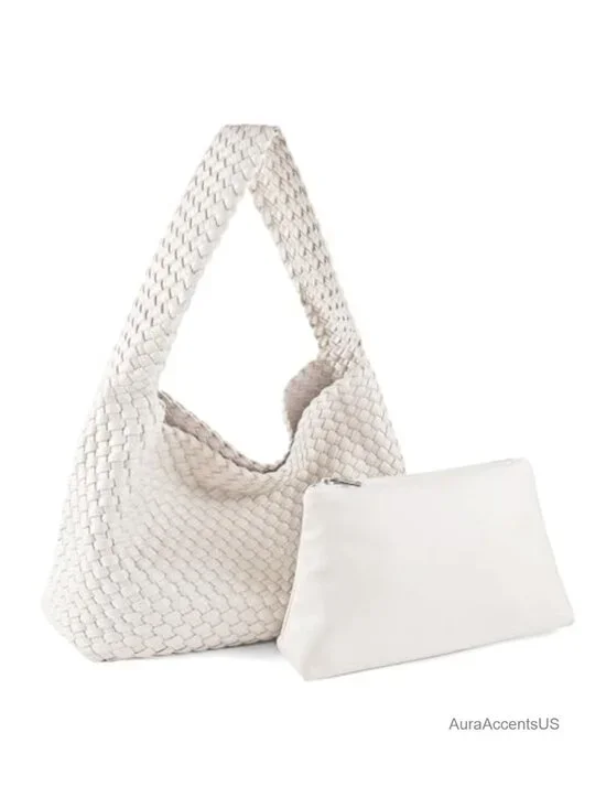 Woven Vegan Leather Hobo Tote Bag with Pouch Lightweight