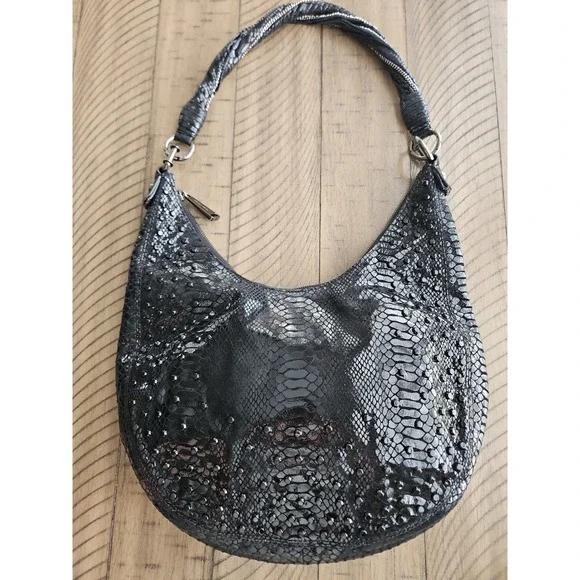 Michael Kors Hobo Bag Black Leather Snakeskin Print Studded Metallic Chain Edgy