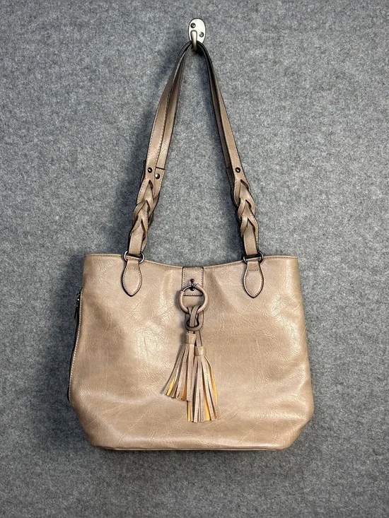 Sam & Hadley Taupe Vegan Leather Hobo Bag Purse Tassel Braided Western BohoChic