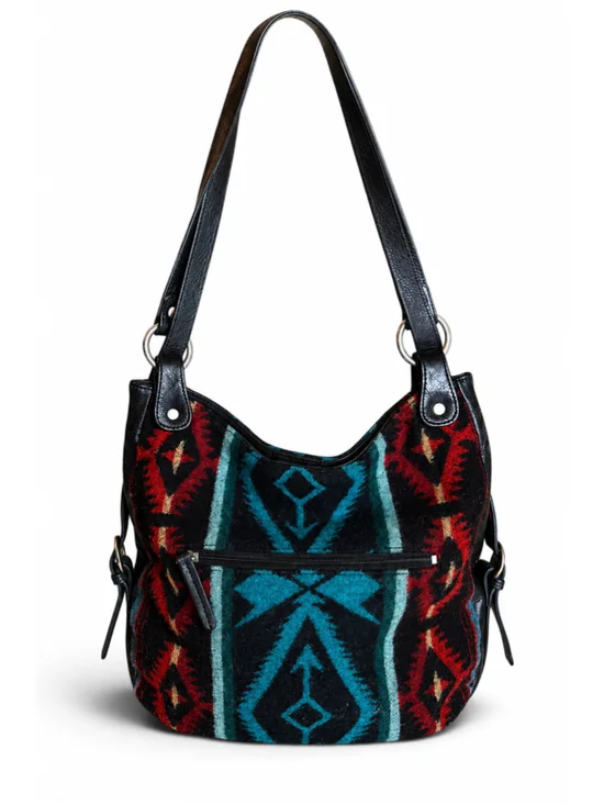 Pendleton Wool Leather Shoulder Bag Hobo Purse Black/Red/Teal Southwestern