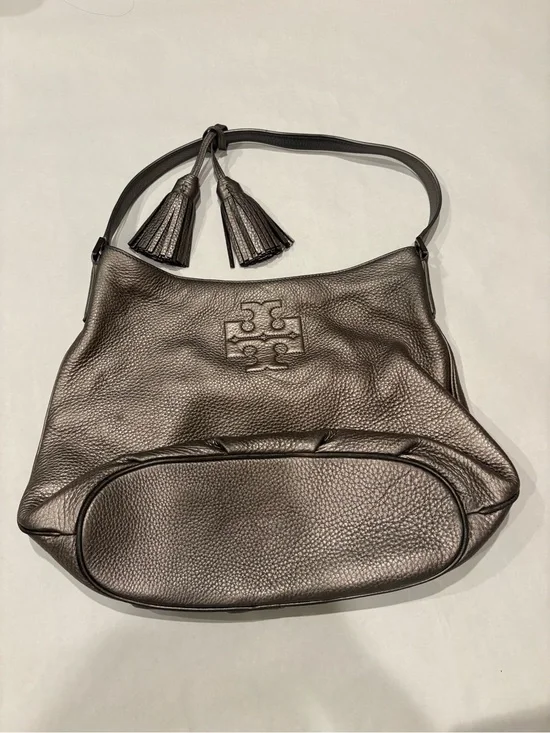 Tory Burch Pewter Leather Hobo with Tassel Detail