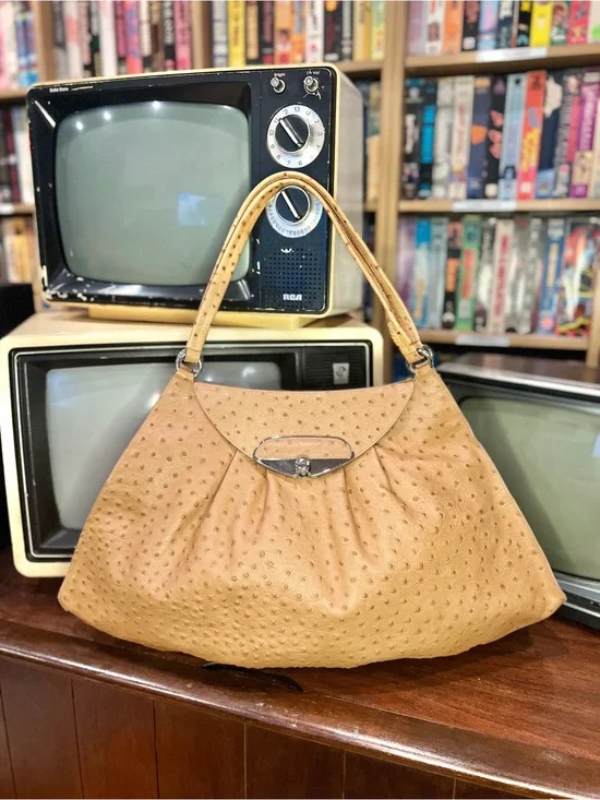 Y2K Vintage Furla Ostrich Embossed Genuine Leather Shoulder Hobo Bag Tan
