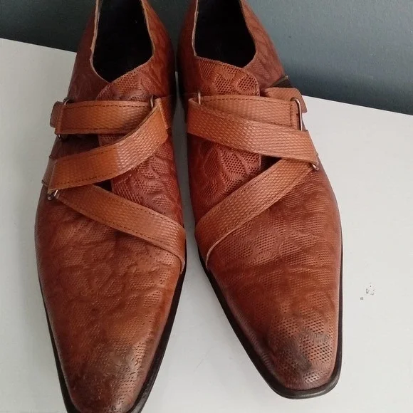Bespoke Shoes‎ Men Brown Leather Embossed Monk Strap Dress Formal Size