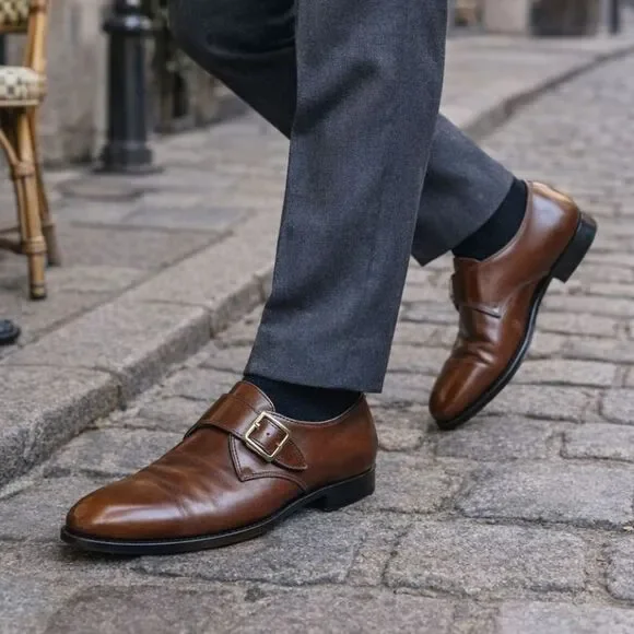 J.M.WESTON Brown Leather Monkstrap Buckle Dress Shoes   Mens Size 9