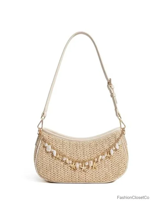 Boho Woven Raffia Hobo Purse with Charm Chain Adjustable Strap Summer Beach