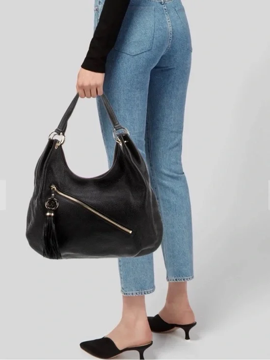 MICHAEL MICHAEL KORS Large  Black Pebble Leather Charm Tassel Hobo Shoulder Bag