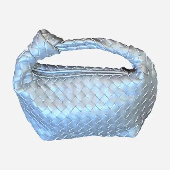 Women's Metallic Silver Knotted Handle Woven Purse Handbag Slouchy Hobo Bag