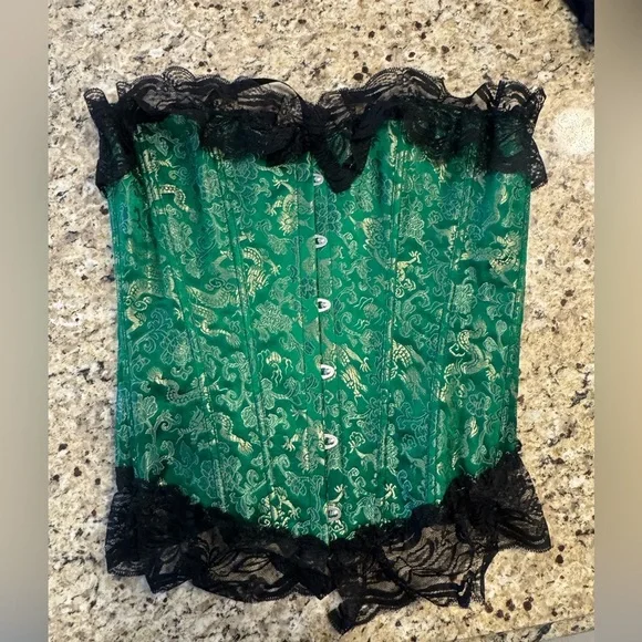 Green Corset with Black Lace Trim 30