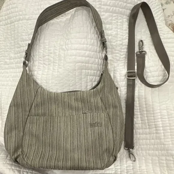 Haiku Gray Striped Shoulder Bag Adjustable Detachable Strap Pockets Zip