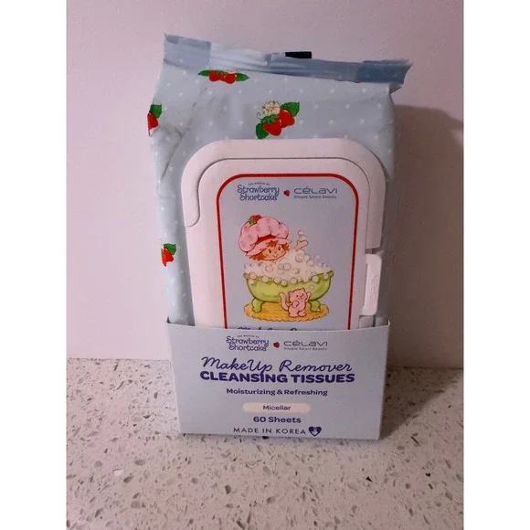 Celavi Strawberry Shortcake Makeup Remover Cleansing Tissues 60ct Micellar Wipes
