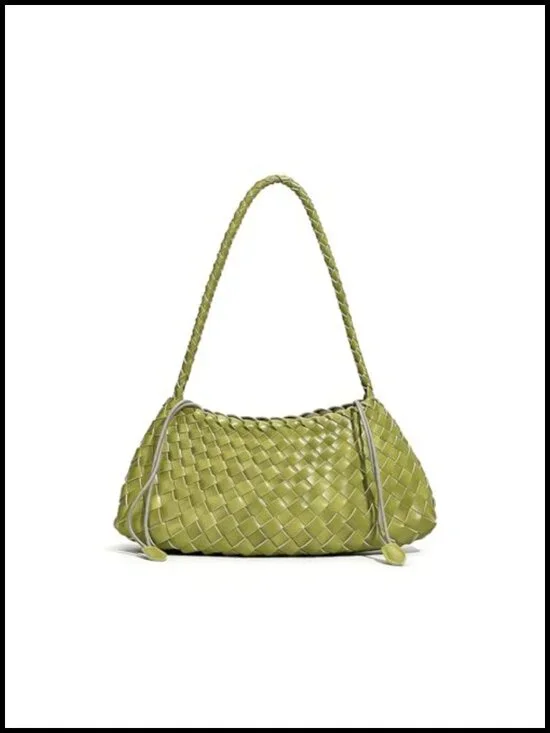 Large Capacity Soft Leather Hobo Bag, Woven Shoulder Handbag with Drawstring