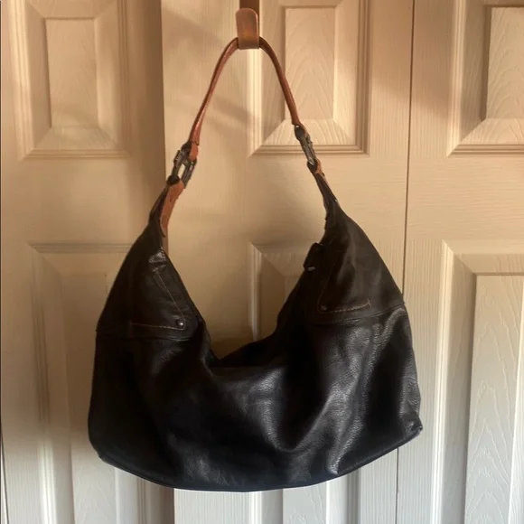 Black Leather Hobo Bag with Tan Shoulder Strap