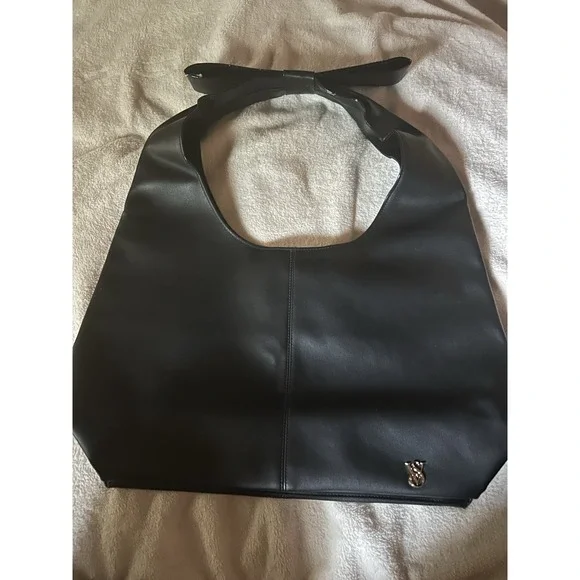 Victoria's Secret VS Black Faux Leather Hobo Shoulder Bag‎ Bow Strap Large Tote