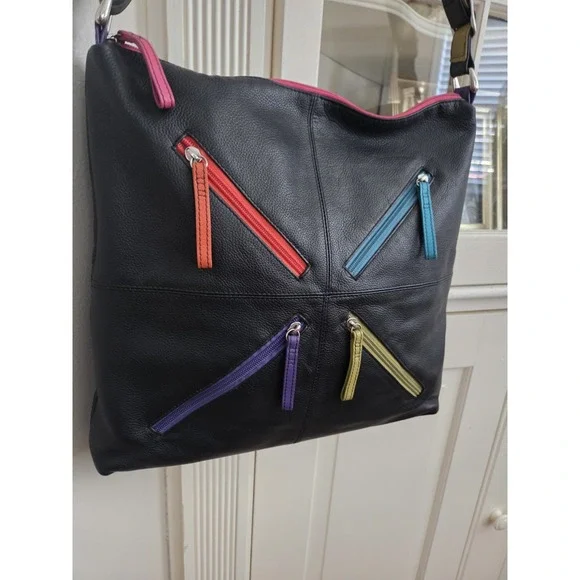 Vtg ili Leather Crossbody Bag Purse Colorful Zips 80s 90s Y2k‎ Hobo Classic Fun