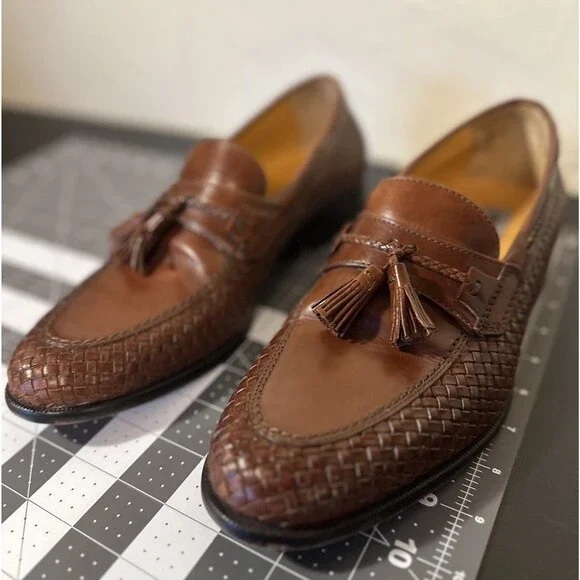 8 M Woven Leather Tassel Loafers J&M Johnston Murphy Dress Shoes Cognac Brown