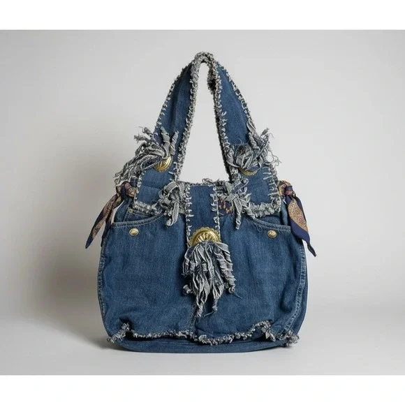 Vintage‎ Upcycled Denim Tote Bag Oscar de la Renta Logo Boho Hobo Style