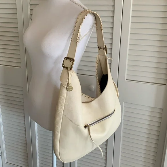 Dooney & Bourke Ivory Leather Whipstitched Large Hobo Shoulder Bag Made in Italy