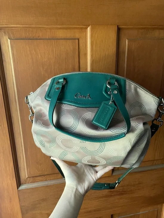 Coach Sabrina Signature C Print Sateen Fabric w/Green Leather Trim F25183