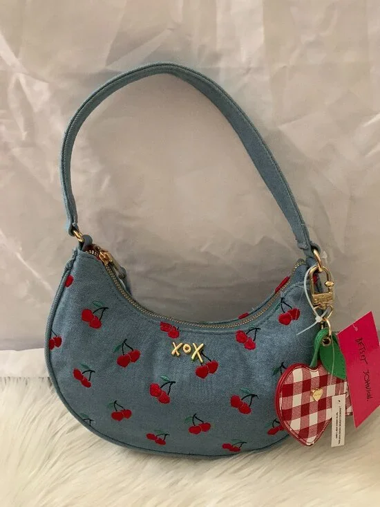 BETSEY JOHNSON XOX Denim Cherry Embroidered Hobo Shoulder Bag