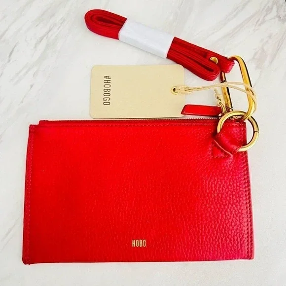 HOBO GO Tour Leather‎ Zip Pouch Bag, Wristlet, with Lanyard, Red/Gold, NWT